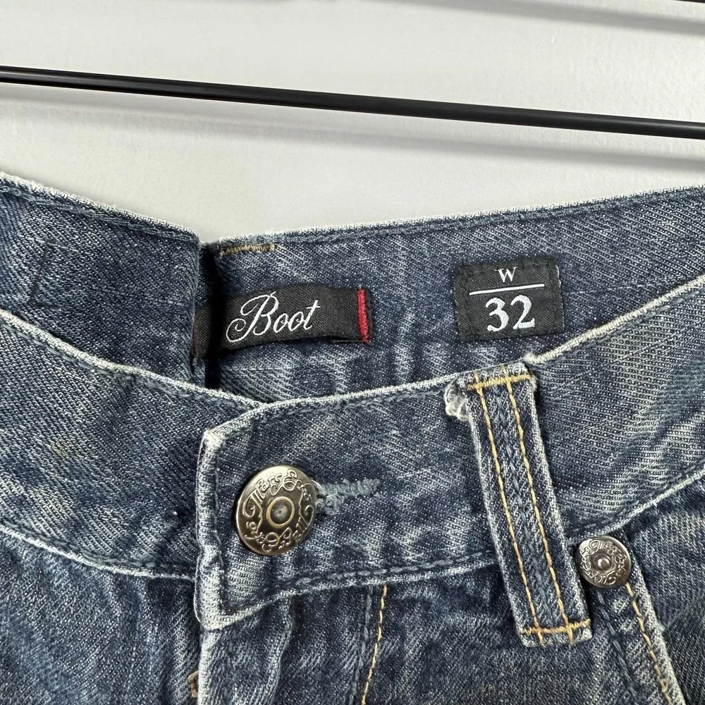 Marc Ecko Jeans Mens 34x32 Blue Medium Wash Denim Bootcut Embroidered Pockets